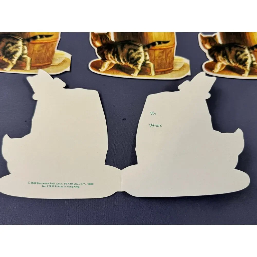 Qty 10 - Vintage 1982 Merrimack Gift Tags Cats In Barrel Made In Hong Kong